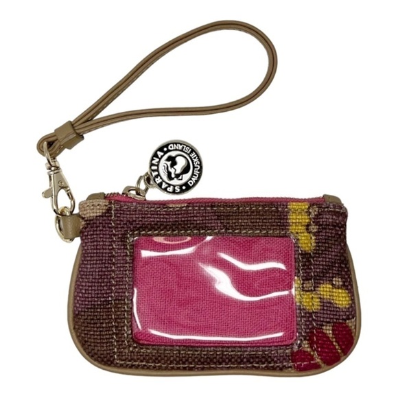 SPARTINA White & Brown Canvas ID Holder Wristlet Linen & Leather - Picture 2 of 9